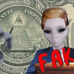 Gray alien with blue suit on standing in front of one dollar bill background.
