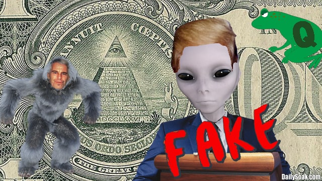 Gray alien with blue suit on standing in front of one dollar bill background.