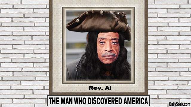 Picture frame on white wall of Al Sharpton dressed as pirate.
