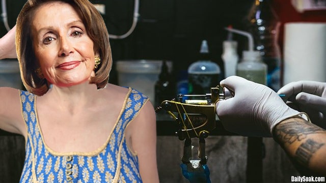 Nancy Pelosi parody in tattoo parlor getting tattoo.