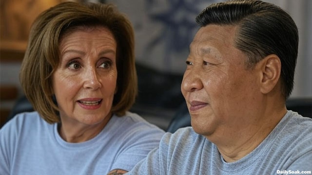 Nancy Pelosi parody in tattoo parlor getting tattoo.