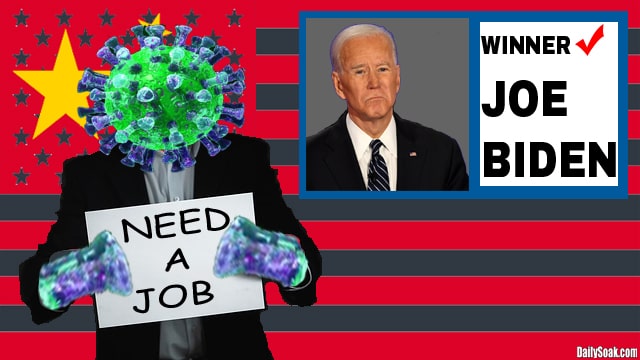 Joe Biden in front of American flag and coronavirus.