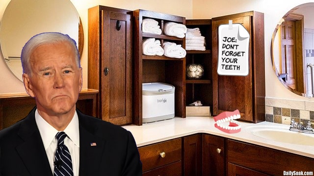 Joe Biden in blue suit inside brown bathroom.
