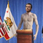 Nake Gavin Newsom standing behind podium in front of blue curtain.