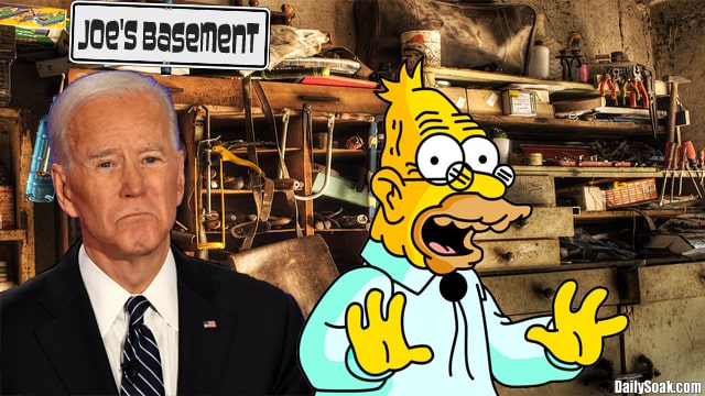Joe Biden and Grampa Simpson standing inside basement.