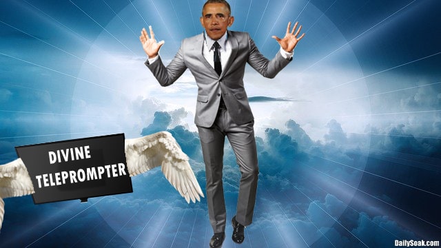 Obama wearing gray suit while hovering in clouds.