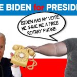 Joe Biden handing yellow rotary phone to fat, bald man.
