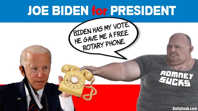 Joe Biden handing yellow rotary phone to fat, bald man.