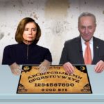 Nancy Pelosi and Chuck Schumer sitting at table with Ouija board.