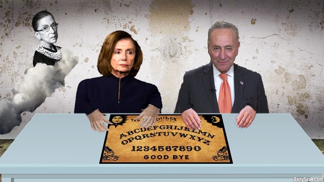 Nancy Pelosi and Chuck Schumer sitting at table with Ouija board.