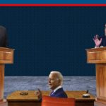 Donald Trump on debate stage with Joe Biden sitting at desk.