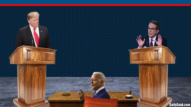 Donald Trump on debate stage with Joe Biden sitting at desk.