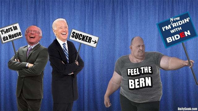 Bernie Sanders and Joe Biden on stage in front of blue curtain.