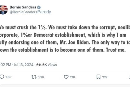 Parody Bernie Sanders Twitter X post endorsing Joe Biden.