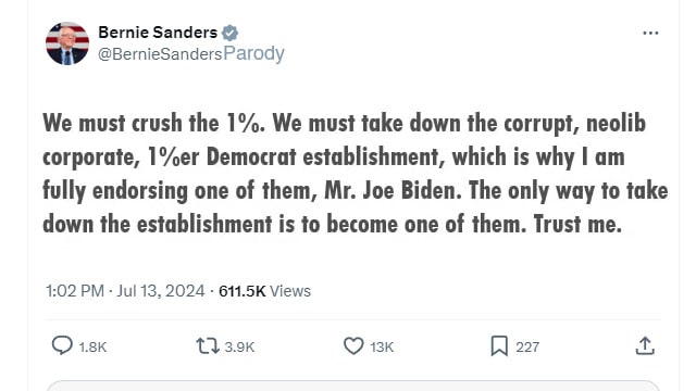 Parody Bernie Sanders Twitter X post endorsing Joe Biden.