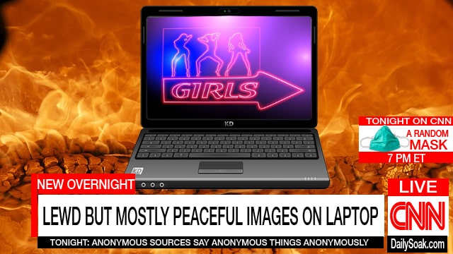 Parody CNN program showing laptop in front of fire.