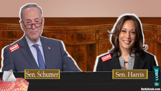 Chuck Schumer and Kamala Harris in front of black table inside Senate.