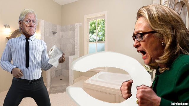 Hillary Clinton and Bill Clinton standing inside white bathroom.