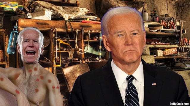 Joe Biden standing with his body double inside dark basement.