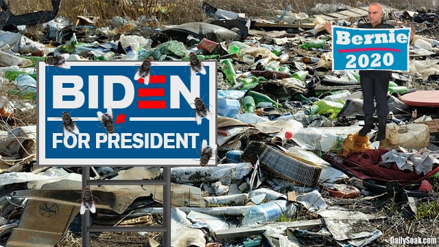 Blue Joe Biden for president sign posted inside garbage landfill.