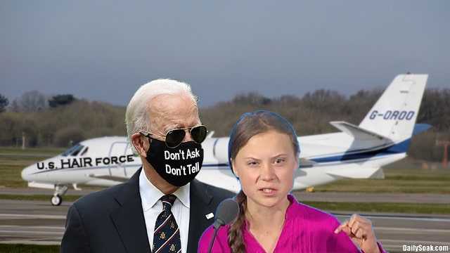Joe Biden standing behind Greta Thunberg on plane runway.