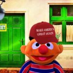 Ernie from Sesame Street wearing Trump MAGA hat.