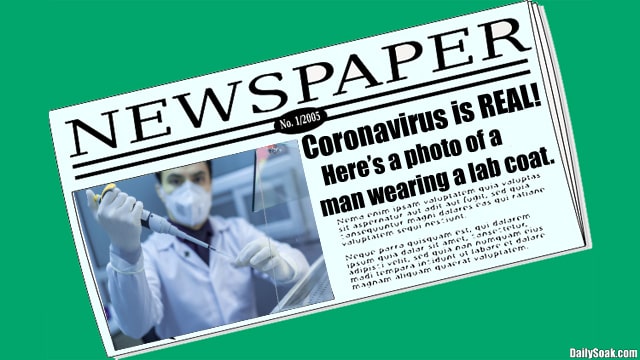 Newspaper with photo of scientist wearing white lab coat.