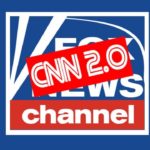 Red CNN logo overtop blue Fox News logo.