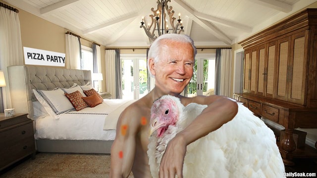 Shirtless Joe Biden holding a white Thanksgiving turkey inside bedroom. pardoned by Trump