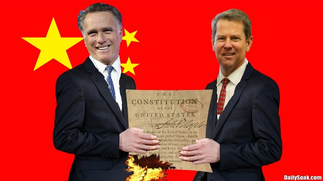 Mitt Romney and Brian Kemp in suits burning constitution.