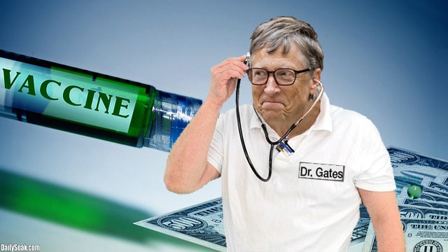 Bill Gates in white shirt holding stethoscope to his head.