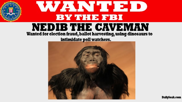 Parody FBI Most Wanted list with a photo of a hairy caveman.