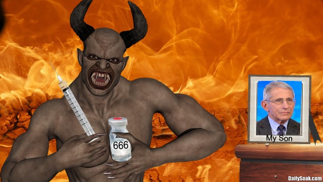 Satan in fiery Hell next to a photo of Dr. Fauci.