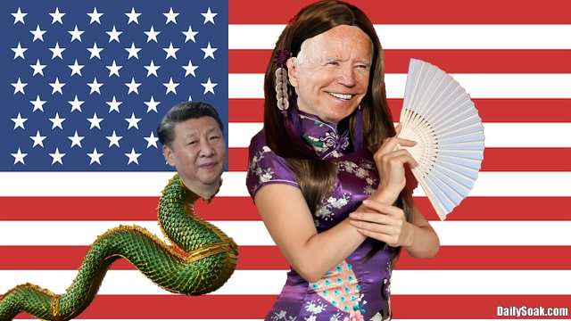 Parody Joe Biden wearing Chinese traditional outfit against US flag.