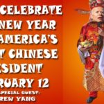 Joe Biden wearing red Chinese outfit against orange background.