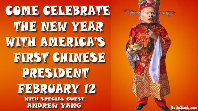 Joe Biden wearing red Chinese outfit against orange background.