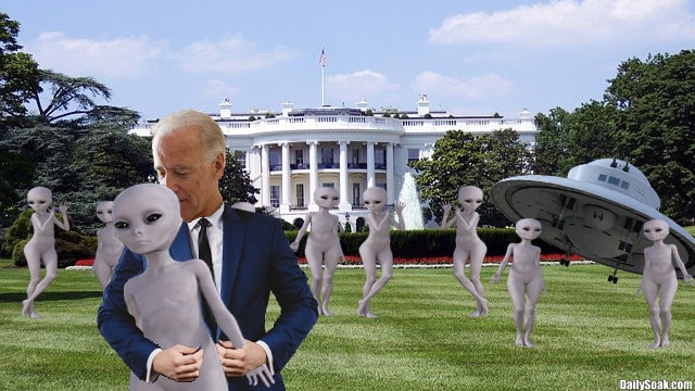 Joe Biden and numerous grey aliens standing in front of White House after letting them enter the earth's atmosphere..