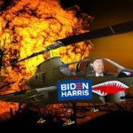 Joe Biden inside green helicopter near fiery orange sky.