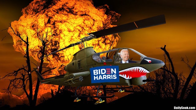 Joe Biden inside green helicopter near fiery orange sky.
