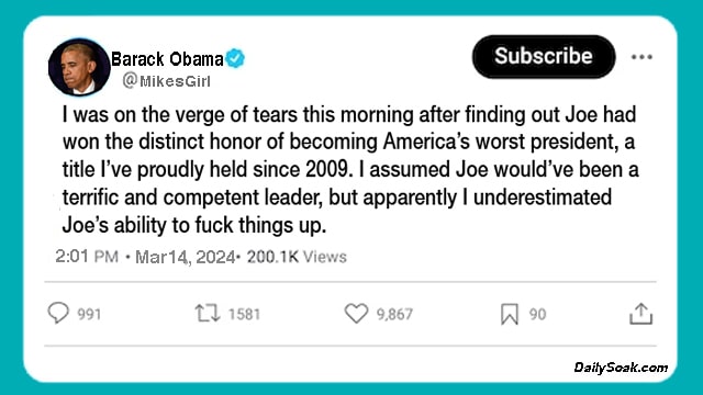 Parody Barack Obama Twitter X post.