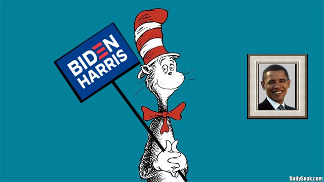 Parody Cat In The Hat holding a Biden Harris sign against blue background.