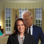 Joe Biden in blue suit standing behind Kamala Harris in Oval Office.