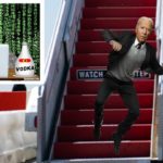 Joe Biden in blue suit falling down red stairs of plane.