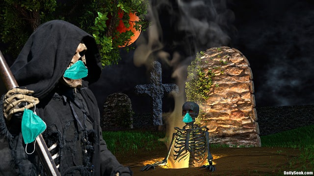 Two skeletons wearing face masks inside graveyard.