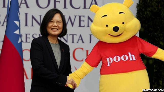 Winnie the Pooh bear standing in front of red, white, and blue Taiwan flag shaking hands with Taiwanese president.