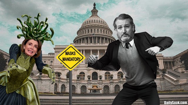 Parody of Nancy Pelosi and Ted Cruz standing in front of Capitol Building.