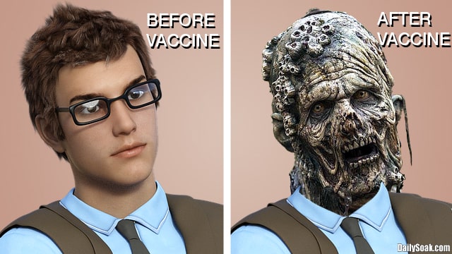 Side by side photo with a white male with brown hair and a gray COVID-infected zombie.