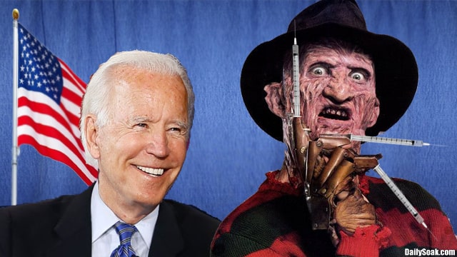 Joe Biden in suit standing with Freddy Krueger in front of blue curtain.