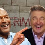 Alec Baldwin and OJ Simpson laughing in front of white brick wall.