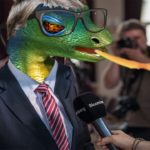 Green lizard wearing blue suit and tie spitting yellow venom at woman.